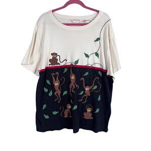 Bechamel Top Women 1X White Monkey Embroidery Safari Novelty Neutral Striped 80s
